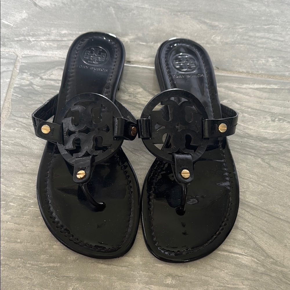 Tory Burch Black Sandals with Medallion Logo